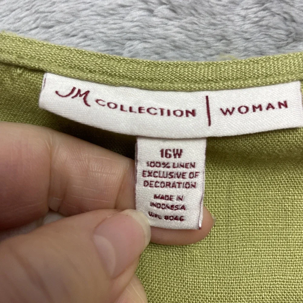 JM Collection Woman 100% Linen Tunic Top Womens 16W Green Beaded 3/4‎ Sleeve